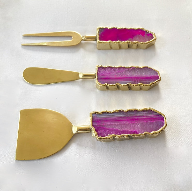 Set of 3 Pink Agate Cheese Knives/Spreaders