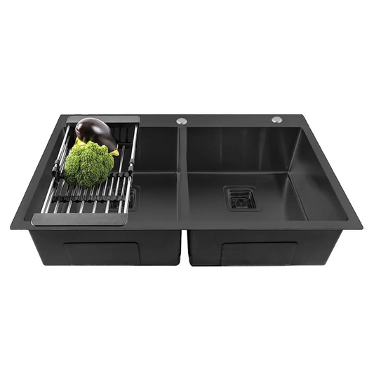 304 Handmade (45"x20"x10) InchStainless Steel Double Bowl Black Kitchen Sink With Tap Hole