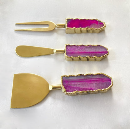 Set of 3 Pink Agate Cheese Knives/Spreaders