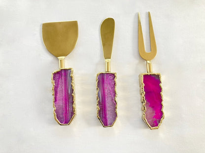 Set of 3 Pink Agate Cheese Knives/Spreaders
